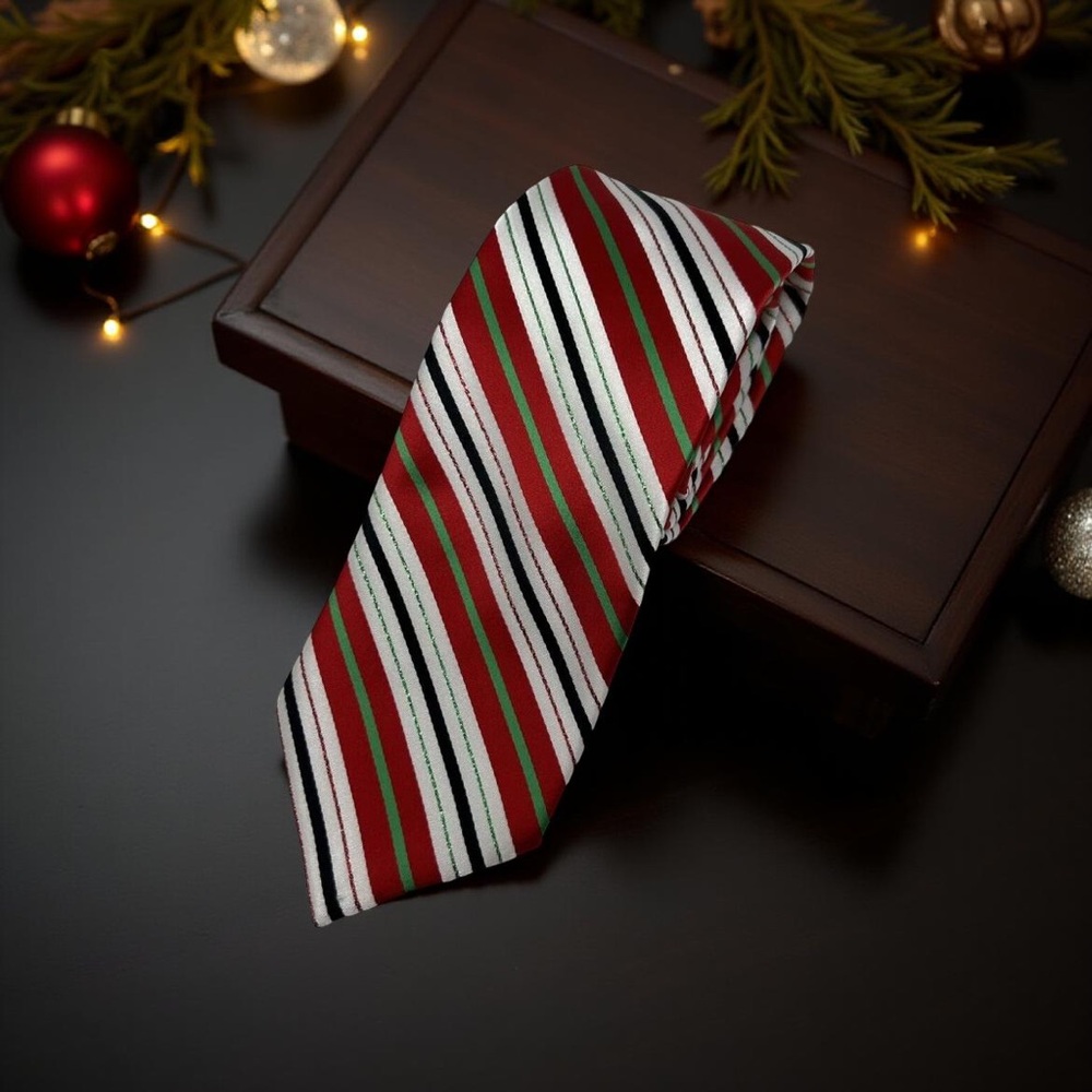 Hallmark‎ Holiday Traditions Red Green Shimmer Candy Striped Tie 3.5" x 57.75"